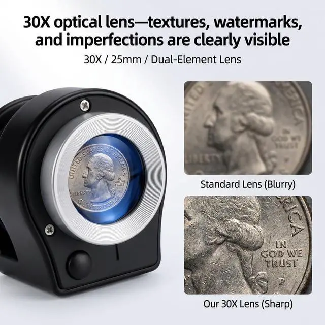 Alt view image 5 of 7 - JEYUME 30X Loupe Magnifier, Rechargeable Portable Jewelers Loupe, Magnifying Glass with Purple Light and White Light Jewelry Tool for Coins, Jewelry, Currency, and Stamps