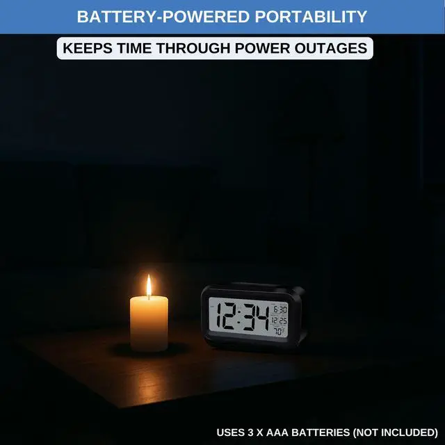 Alt view image 3 of 6 - Digital Alarm Clock Battery Operated with Large Display, Night Light Sensor, Temperature and Date | Bedside Clock for Bedroom, Dorm, Office Desk, Bathroom, Kids, Travel