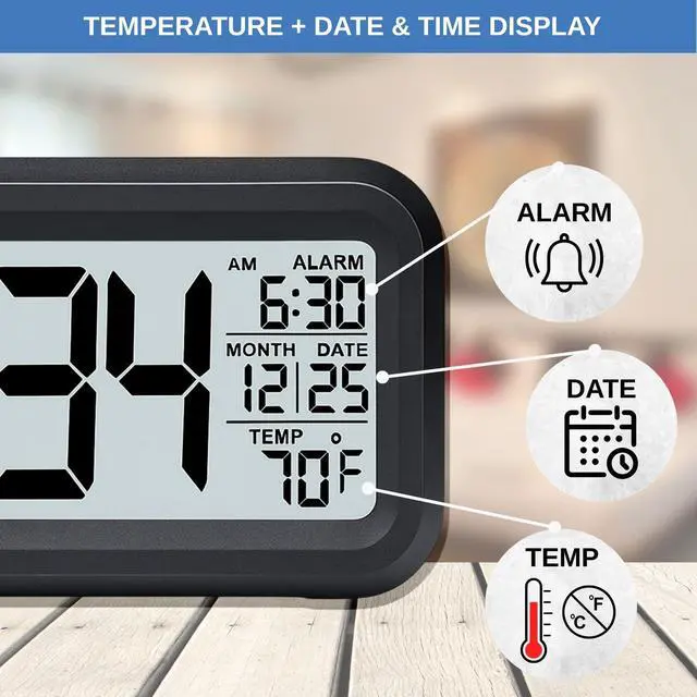 Alt view image 5 of 6 - Digital Alarm Clock Battery Operated with Large Display, Night Light Sensor, Temperature and Date | Bedside Clock for Bedroom, Dorm, Office Desk, Bathroom, Kids, Travel