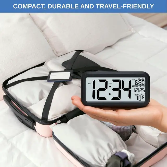 Alt view image 4 of 6 - Digital Alarm Clock Battery Operated with Large Display, Night Light Sensor, Temperature and Date | Bedside Clock for Bedroom, Dorm, Office Desk, Bathroom, Kids, Travel