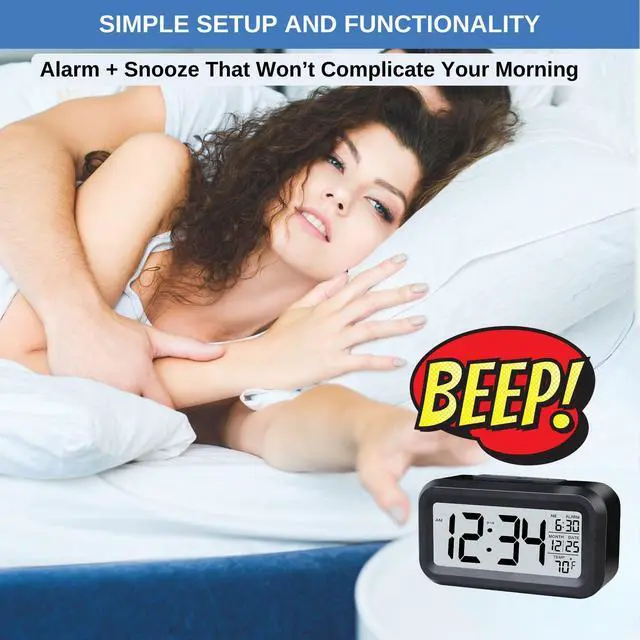 Alt view image 6 of 6 - Digital Alarm Clock Battery Operated with Large Display, Night Light Sensor, Temperature and Date | Bedside Clock for Bedroom, Dorm, Office Desk, Bathroom, Kids, Travel