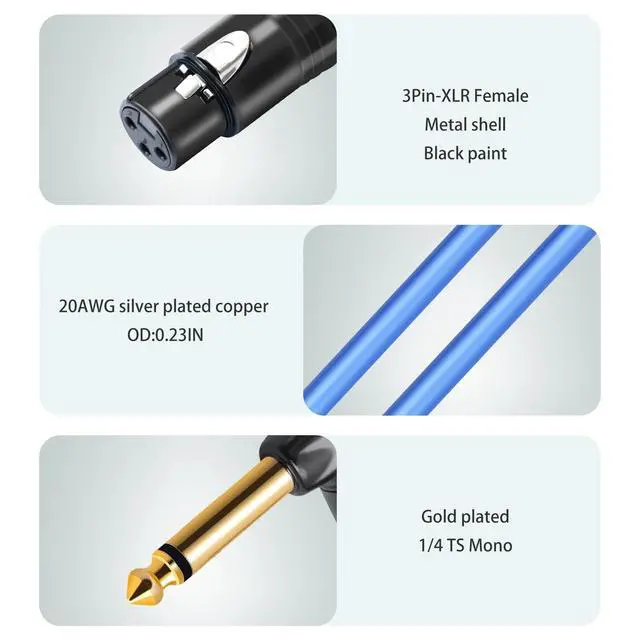 Alt view image 4 of 7 - 2Pack 3.3Feet XLR Female to 1/4 TS Right Angle,1/4 TS Right Angle to XLR Female Micphone Cable,6N OFC+Silver Plated HI-END Audio Cable for Micphone Mixer