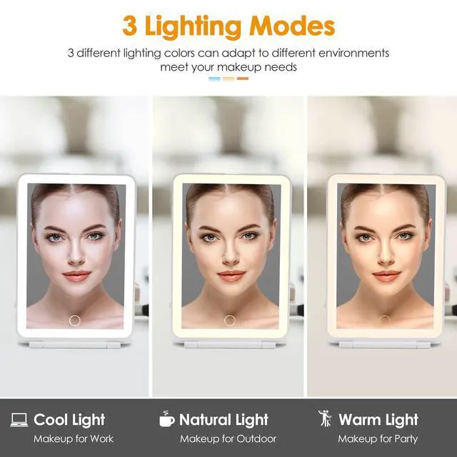 Alt view image 2 of 7 - Rechargeable Travel Makeup Mirror 72 LED Lighted Compact Slim Vanity with Lights 3 Lighting Modes Dimmable Touch Screen (White),(DenCert)