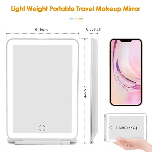Alt view image 4 of 7 - Rechargeable Travel Makeup Mirror 72 LED Lighted Compact Slim Vanity with Lights 3 Lighting Modes Dimmable Touch Screen (White),(DenCert)