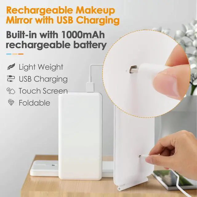 Alt view image 5 of 7 - Rechargeable Travel Makeup Mirror 72 LED Lighted Compact Slim Vanity with Lights 3 Lighting Modes Dimmable Touch Screen (White),(DenCert)