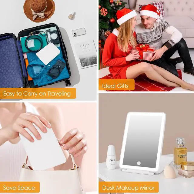 Alt view image 7 of 7 - Rechargeable Travel Makeup Mirror 72 LED Lighted Compact Slim Vanity with Lights 3 Lighting Modes Dimmable Touch Screen (White),(DenCert)