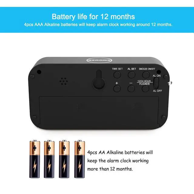 Alt view image 2 of 7 - Digital Alarm Clock Battery Operated Only, LED Large Display, 2-Level Brightness Dimmer, 4 AA Batteries Keep Clock on for More Than 12 Months, for Kids/Teens/Bedroom/Bedside