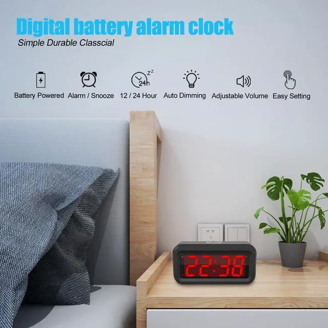 Alt view image 3 of 7 - Digital Alarm Clock Battery Operated Only, LED Large Display, 2-Level Brightness Dimmer, 4 AA Batteries Keep Clock on for More Than 12 Months, for Kids/Teens/Bedroom/Bedside