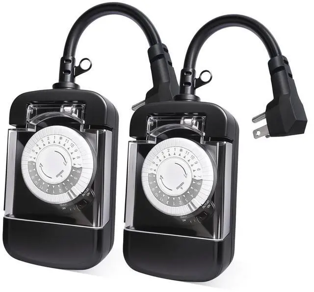 Main image of 24 Hour Outdoor Mechanical Timer Switch with Two Ground Outlets, Variable On/Off Setting Every 30 Minutes, 48 Pin Setting Dial, Up to 24 Events Per Day,ETL Listed,Black