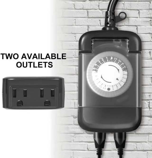 Alt view image 2 of 7 - 24 Hour Outdoor Mechanical Timer Switch with Two Ground Outlets, Variable On/Off Setting Every 30 Minutes, 48 Pin Setting Dial, Up to 24 Events Per Day,ETL Listed,Black