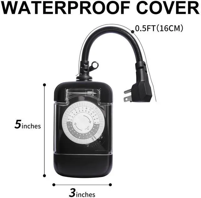 Alt view image 3 of 7 - 24 Hour Outdoor Mechanical Timer Switch with Two Ground Outlets, Variable On/Off Setting Every 30 Minutes, 48 Pin Setting Dial, Up to 24 Events Per Day,ETL Listed,Black