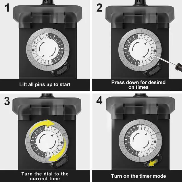 Alt view image 5 of 7 - 24 Hour Outdoor Mechanical Timer Switch with Two Ground Outlets, Variable On/Off Setting Every 30 Minutes, 48 Pin Setting Dial, Up to 24 Events Per Day,ETL Listed,Black