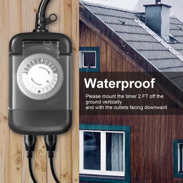 Alt view image 7 of 7 - 24 Hour Outdoor Mechanical Timer Switch with Two Ground Outlets, Variable On/Off Setting Every 30 Minutes, 48 Pin Setting Dial, Up to 24 Events Per Day,ETL Listed,Black