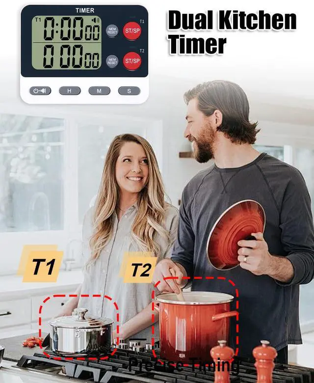 Alt view image 2 of 6 - Dual Kitchen Timer Digital - Large Display, Easy to Use and Read, Cooking Timer for Kitchen with Alarm, Magnetic Back, Loud & Silent and Count Up/Countdown Modes, Replaceable AAA Battery