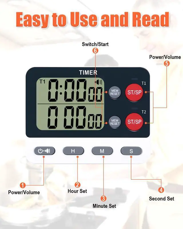 Alt view image 3 of 6 - Dual Kitchen Timer Digital - Large Display, Easy to Use and Read, Cooking Timer for Kitchen with Alarm, Magnetic Back, Loud & Silent and Count Up/Countdown Modes, Replaceable AAA Battery