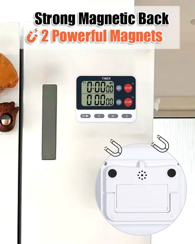 Alt view image 5 of 6 - Dual Kitchen Timer Digital - Large Display, Easy to Use and Read, Cooking Timer for Kitchen with Alarm, Magnetic Back, Loud & Silent and Count Up/Countdown Modes, Replaceable AAA Battery