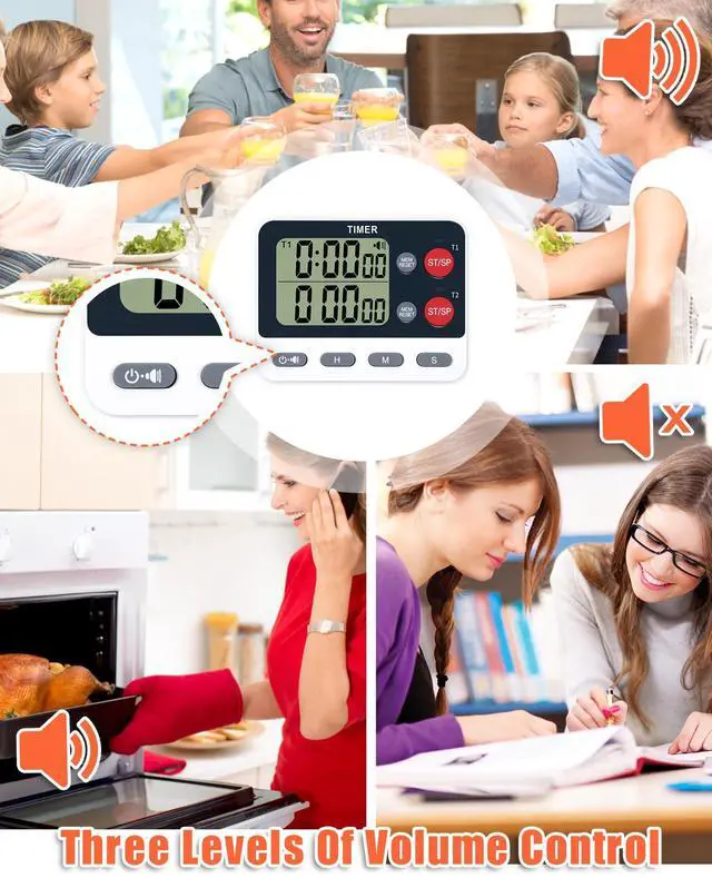 Alt view image 4 of 6 - Dual Kitchen Timer Digital - Large Display, Easy to Use and Read, Cooking Timer for Kitchen with Alarm, Magnetic Back, Loud & Silent and Count Up/Countdown Modes, Replaceable AAA Battery