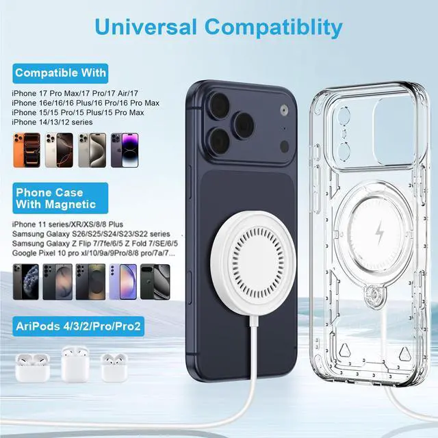 Alt view image 6 of 7 - 15W Wireless Charger for Samsung Magnetic Wireless Phone Charger Pad for Android, Galaxy S26 Ultra S26+ S26 S25 FE Ultra S24 Ultra S23 S22 S21 S20 Z Flip 7 Z Fold 7, USB-C/A Ports for MagSafe Charger