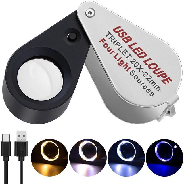 Main image of 20X Jewelers Loupe, Pocket Magnifier with Led/UV Light, Rechargeable Magnifying Glass Folding Jewelers Eye Loop for Jewelry, Gemstone, Diamond, Coin, Stamp, Antique Identifying