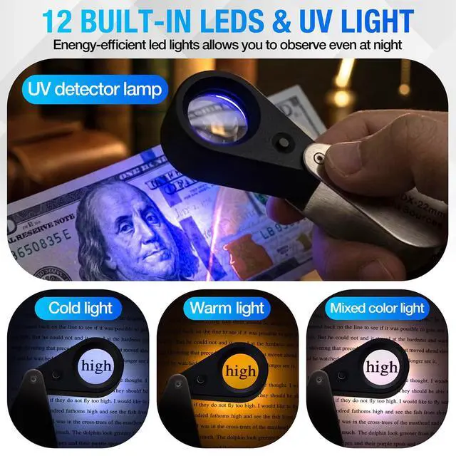 Alt view image 4 of 7 - 20X Jewelers Loupe, Pocket Magnifier with Led/UV Light, Rechargeable Magnifying Glass Folding Jewelers Eye Loop for Jewelry, Gemstone, Diamond, Coin, Stamp, Antique Identifying