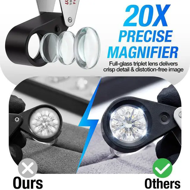 Alt view image 3 of 7 - 20X Jewelers Loupe, Pocket Magnifier with Led/UV Light, Rechargeable Magnifying Glass Folding Jewelers Eye Loop for Jewelry, Gemstone, Diamond, Coin, Stamp, Antique Identifying