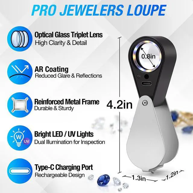 Alt view image 2 of 7 - 20X Jewelers Loupe, Pocket Magnifier with Led/UV Light, Rechargeable Magnifying Glass Folding Jewelers Eye Loop for Jewelry, Gemstone, Diamond, Coin, Stamp, Antique Identifying