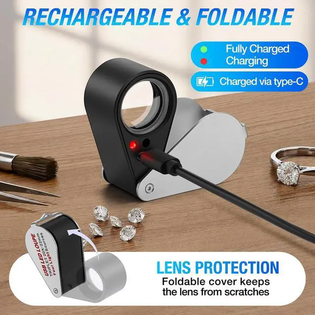 Alt view image 5 of 7 - 20X Jewelers Loupe, Pocket Magnifier with Led/UV Light, Rechargeable Magnifying Glass Folding Jewelers Eye Loop for Jewelry, Gemstone, Diamond, Coin, Stamp, Antique Identifying