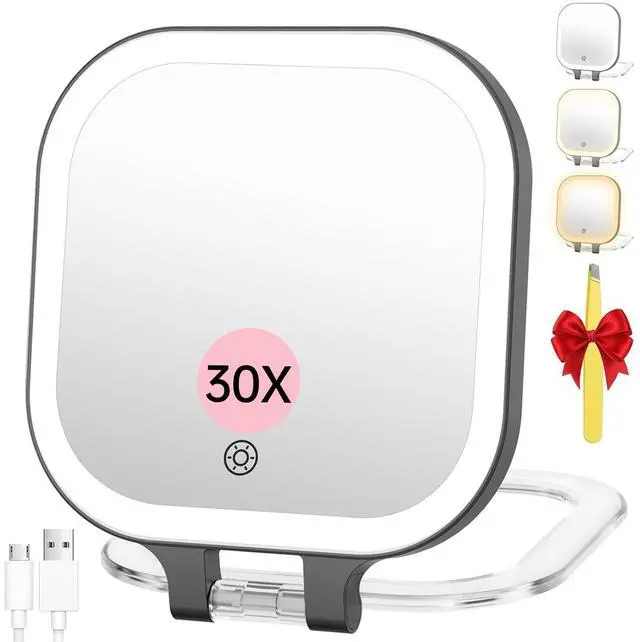 Main image of Rechargeable Travel Makeup Mirror 30X Magnification, 7" Lighted Portable Vanity Mirror with 3 Colors Lighting & Stepless Dimming, Double Sided LED Mirror, Gift for Women (Black)