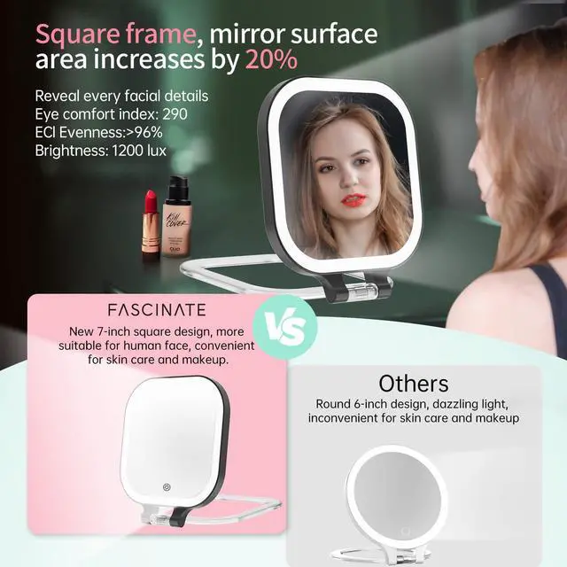 Alt view image 3 of 7 - Rechargeable Travel Makeup Mirror 30X Magnification, 7" Lighted Portable Vanity Mirror with 3 Colors Lighting & Stepless Dimming, Double Sided LED Mirror, Gift for Women (Black)