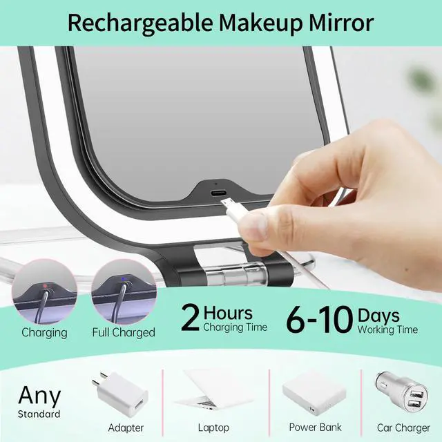 Alt view image 6 of 7 - Rechargeable Travel Makeup Mirror 30X Magnification, 7" Lighted Portable Vanity Mirror with 3 Colors Lighting & Stepless Dimming, Double Sided LED Mirror, Gift for Women (Black)