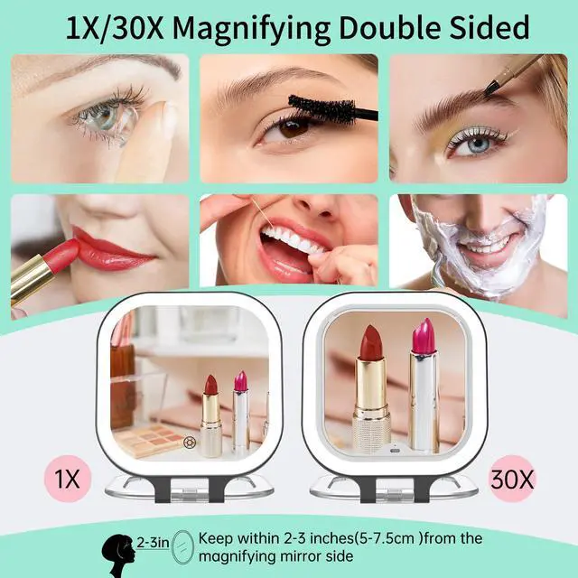 Alt view image 5 of 7 - Rechargeable Travel Makeup Mirror 30X Magnification, 7" Lighted Portable Vanity Mirror with 3 Colors Lighting & Stepless Dimming, Double Sided LED Mirror, Gift for Women (Black)