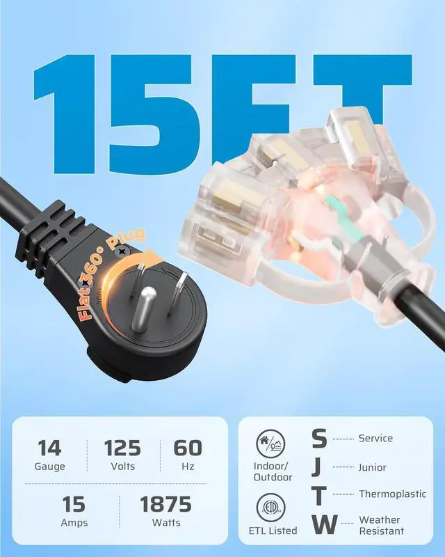 Alt view image 2 of 7 - 360° Rotating Flat Plug Black Extension Cord 15FT, 14/3 Gauge 3 Prong Outdoor Extension Cord Waterproof, Lighted Triple Outlet Hook Design, 125V/15A/1875W, for Outdoor/Indoor, ETL Listed