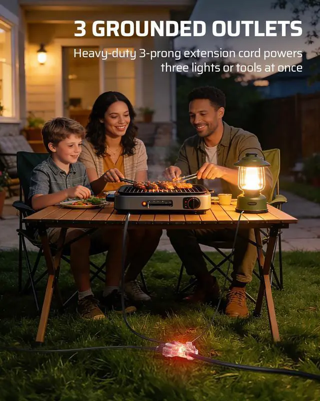 Alt view image 6 of 7 - 360° Rotating Flat Plug Black Extension Cord 15FT, 14/3 Gauge 3 Prong Outdoor Extension Cord Waterproof, Lighted Triple Outlet Hook Design, 125V/15A/1875W, for Outdoor/Indoor, ETL Listed