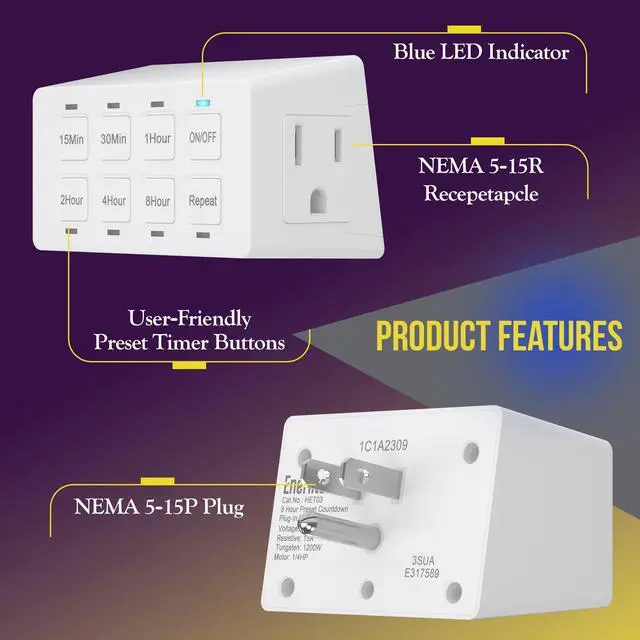 Alt view image 4 of 7 - 8-Hour Indoor Countdown Plug-in Timer, UL Listed Timer for Electrical Outlets, 15-30 Min 1-2-4-8 Hour, for Fans or Lights, 1/4 HP, HET03-W, White, 2 Pack