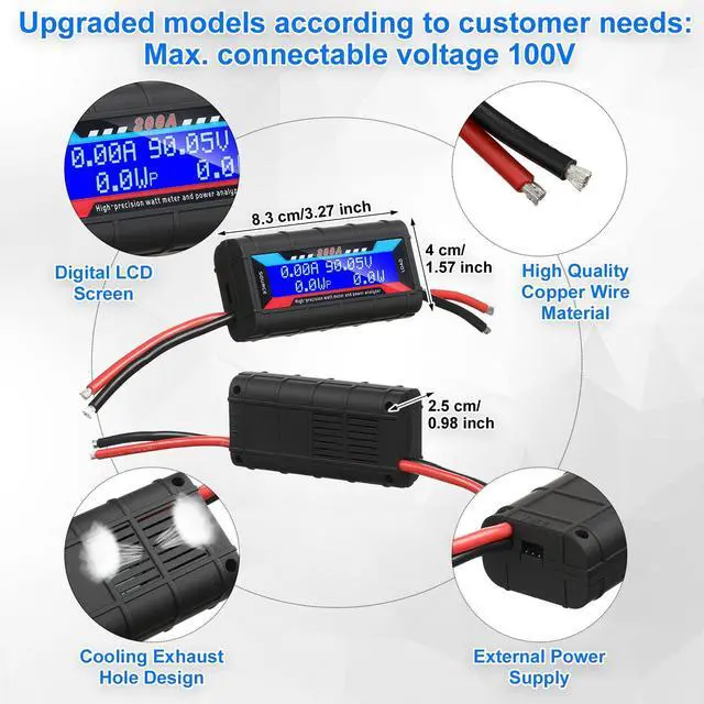 Alt view image 2 of 7 - 2 Pcs 200A High Precision Watt Meter Power Analyzer Battery Consumption Performance Monitor Amp Meter Monitor with Backlight Digital LCD Screen for RC Solar Voltage Current Power (100V)