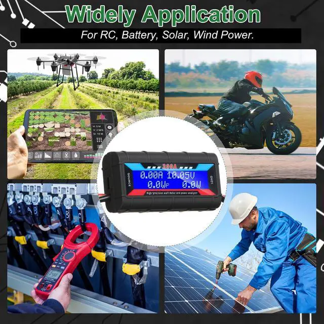 Alt view image 7 of 7 - 2 Pcs 200A High Precision Watt Meter Power Analyzer Battery Consumption Performance Monitor Amp Meter Monitor with Backlight Digital LCD Screen for RC Solar Voltage Current Power (100V)