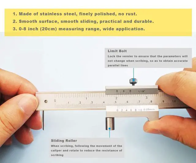 Alt view image 3 of 4 - Parallel Crossed Caliper 0-20cm (0 - 8 inch) with 2 Carbide Scriber / Needle, Stainless Steel Vernier Calipers, Marking Gauge, Marking Tool