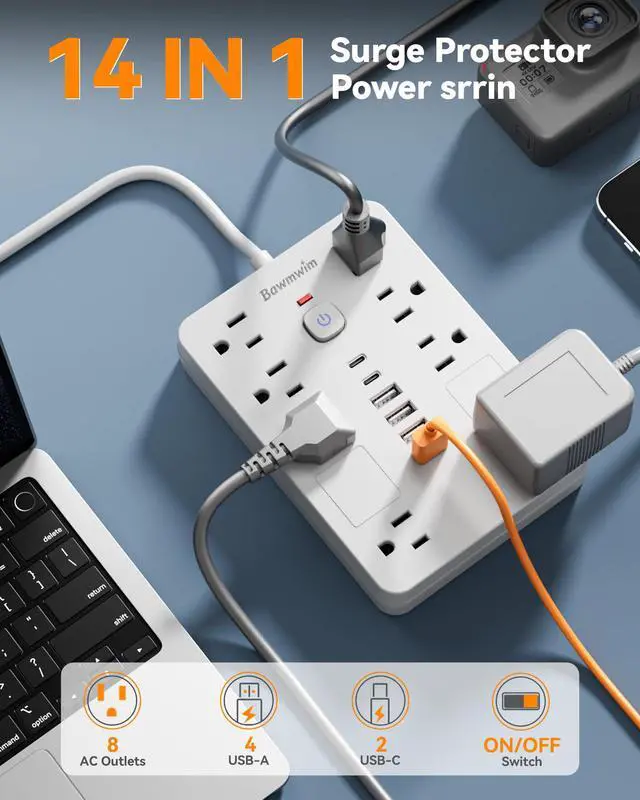 Alt view image 2 of 7 - Surge Protector Power Strip - 8 Outlets(1850W/15A/14AWG) with 6 USB Ports2 USB C, 6FT Flat Plug Extension Cord, Wall Mount Multi Plug Outlet Extender, ETL Listed for Home, Dorm Room, White