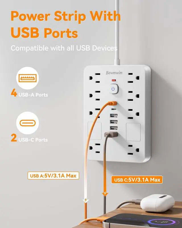 Alt view image 3 of 7 - Surge Protector Power Strip - 8 Outlets(1850W/15A/14AWG) with 6 USB Ports2 USB C, 6FT Flat Plug Extension Cord, Wall Mount Multi Plug Outlet Extender, ETL Listed for Home, Dorm Room, White