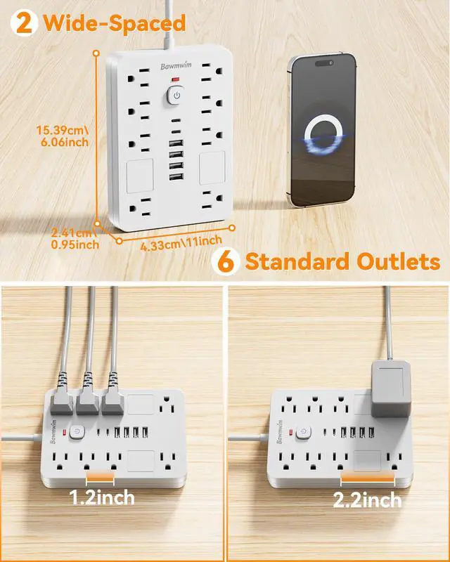 Alt view image 4 of 7 - Surge Protector Power Strip - 8 Outlets(1850W/15A/14AWG) with 6 USB Ports2 USB C, 6FT Flat Plug Extension Cord, Wall Mount Multi Plug Outlet Extender, ETL Listed for Home, Dorm Room, White