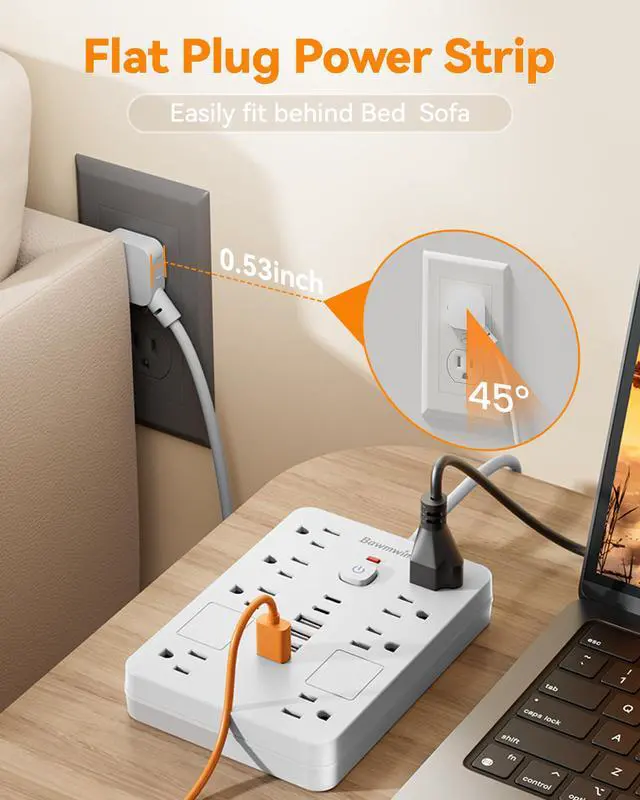 Alt view image 5 of 7 - Surge Protector Power Strip - 8 Outlets(1850W/15A/14AWG) with 6 USB Ports2 USB C, 6FT Flat Plug Extension Cord, Wall Mount Multi Plug Outlet Extender, ETL Listed for Home, Dorm Room, White