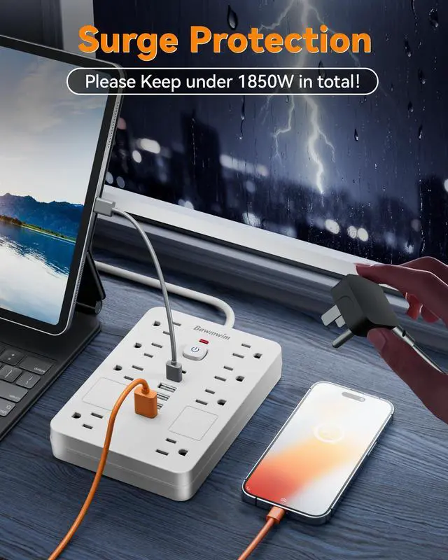 Alt view image 7 of 7 - Surge Protector Power Strip - 8 Outlets(1850W/15A/14AWG) with 6 USB Ports2 USB C, 6FT Flat Plug Extension Cord, Wall Mount Multi Plug Outlet Extender, ETL Listed for Home, Dorm Room, White