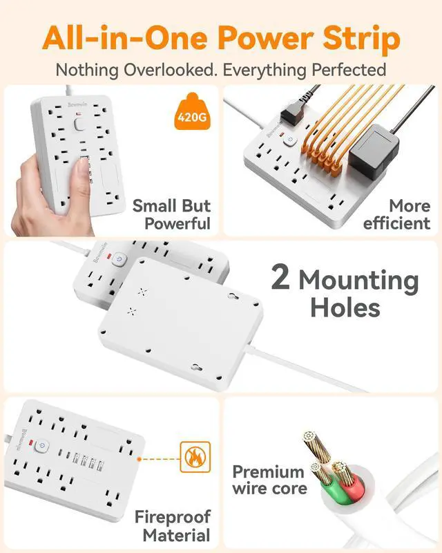 Alt view image 6 of 7 - Surge Protector Power Strip - 8 Outlets(1850W/15A/14AWG) with 6 USB Ports2 USB C, 6FT Flat Plug Extension Cord, Wall Mount Multi Plug Outlet Extender, ETL Listed for Home, Dorm Room, White