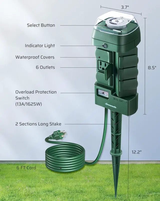 Alt view image 7 of 7 - Outdoor Mechanical Power Stake Timer, Waterproof, 6 Grounded Outlets(3 180°Rotatable), 6ft Cord, Outdoor Timer for Lights, Yard, Garden, 1625W/13A, UL Listed