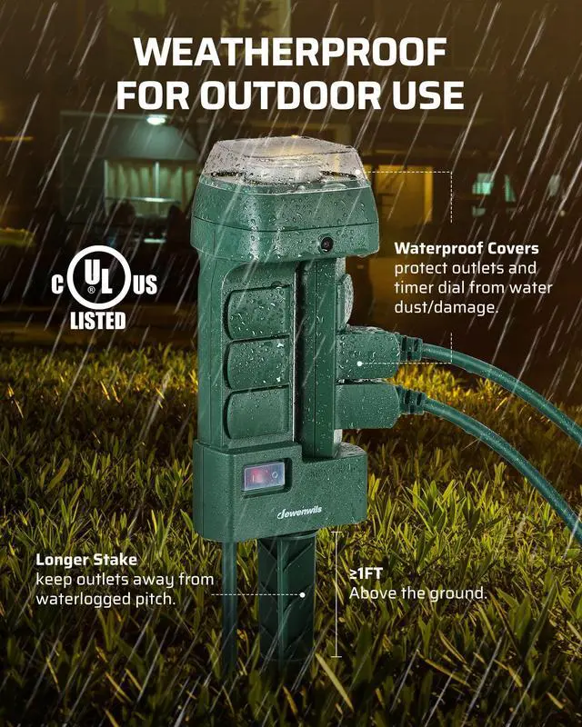 Alt view image 5 of 7 - Outdoor Mechanical Power Stake Timer, Waterproof, 6 Grounded Outlets(3 180°Rotatable), 6ft Cord, Outdoor Timer for Lights, Yard, Garden, 1625W/13A, UL Listed