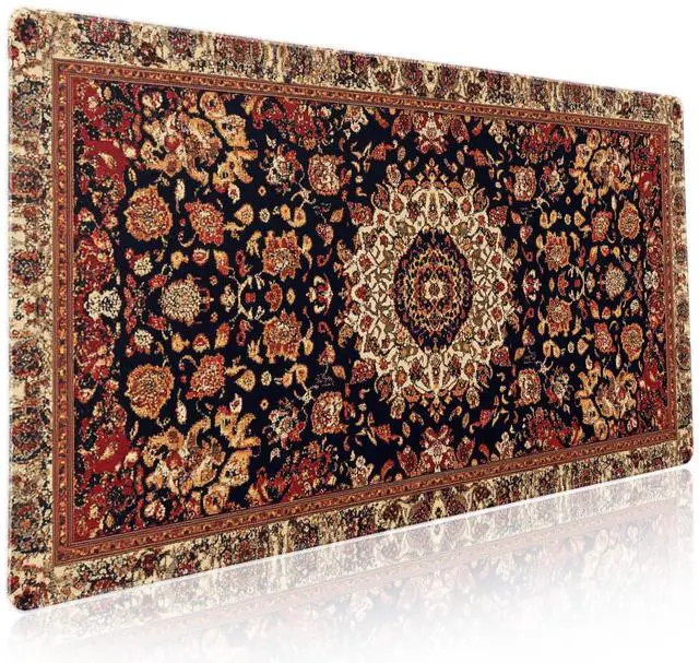 Main image of Vintage Rug Gaming Mouse Pad XXL Dark Brown Retro Carpet Aesthetic Extended Large Mat Mousepad Desk Pad Non-Slip Rubber Base Stitched Edge Flower Keyboard Pad Playmat for Computer,35.4×15.7 Inch