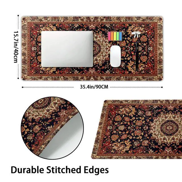 Alt view image 2 of 7 - Vintage Rug Gaming Mouse Pad XXL Dark Brown Retro Carpet Aesthetic Extended Large Mat Mousepad Desk Pad Non-Slip Rubber Base Stitched Edge Flower Keyboard Pad Playmat for Computer,35.4×15.7 Inch