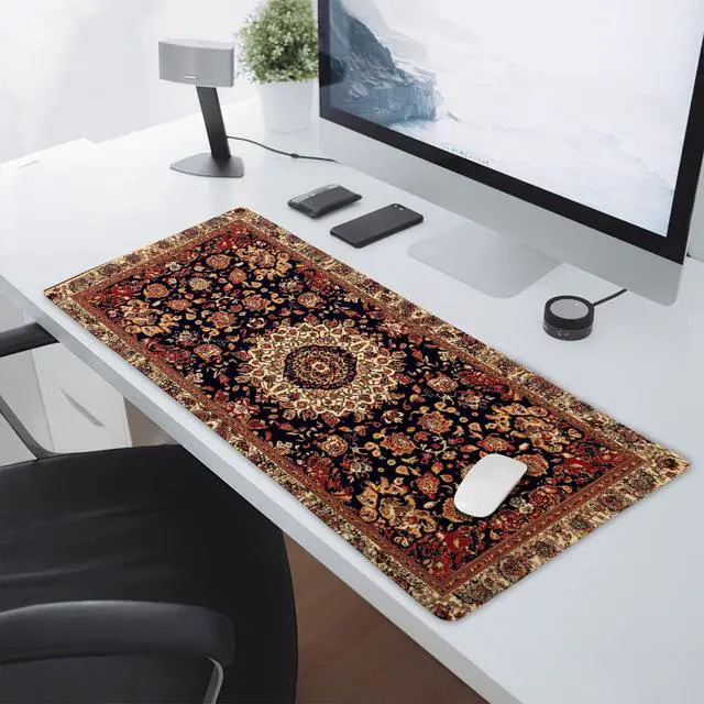 Alt view image 5 of 7 - Vintage Rug Gaming Mouse Pad XXL Dark Brown Retro Carpet Aesthetic Extended Large Mat Mousepad Desk Pad Non-Slip Rubber Base Stitched Edge Flower Keyboard Pad Playmat for Computer,35.4×15.7 Inch