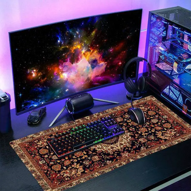 Alt view image 6 of 7 - Vintage Rug Gaming Mouse Pad XXL Dark Brown Retro Carpet Aesthetic Extended Large Mat Mousepad Desk Pad Non-Slip Rubber Base Stitched Edge Flower Keyboard Pad Playmat for Computer,35.4×15.7 Inch