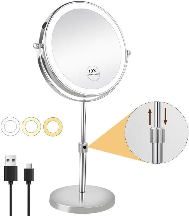Main image of 10X Lighted Makeup Mirror with 3 Lighting Modes, 8" Dimmable Lights Height Adjustable Vanity Mirror with Lights, Rechargeable Double Sided 1X 10X Magnifying Mirror, 360°Rotation,Chrome